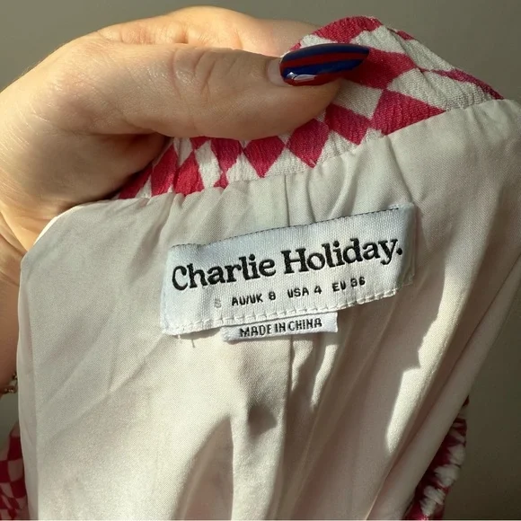 Charlie Holiday Addison Pink & White Wavy Checkered Printed Pants 4 - Picture 7 of 8